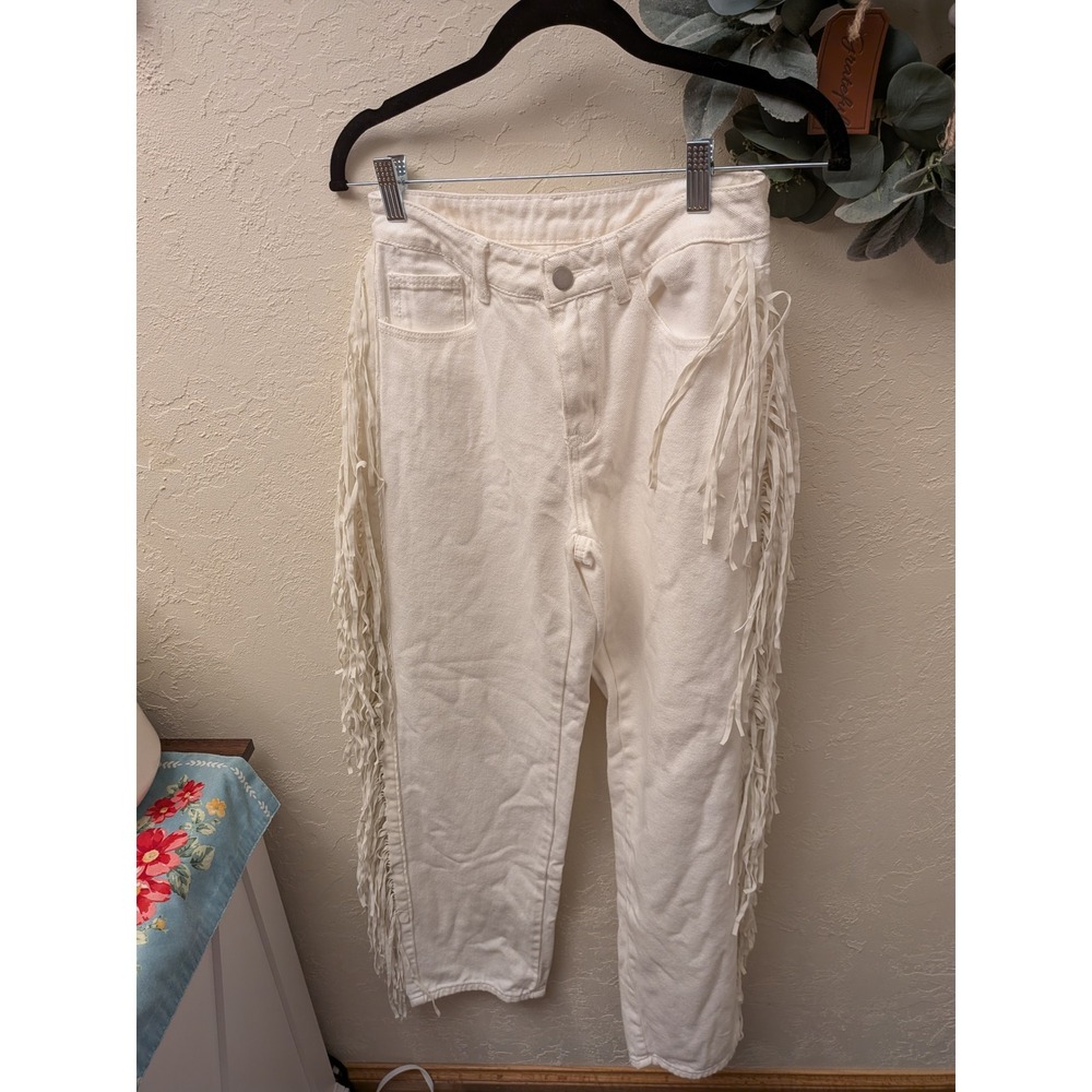 SHEIN White Fringe Side Tassel High Waisted Straight Leg Jeans Womens Size 2 XS